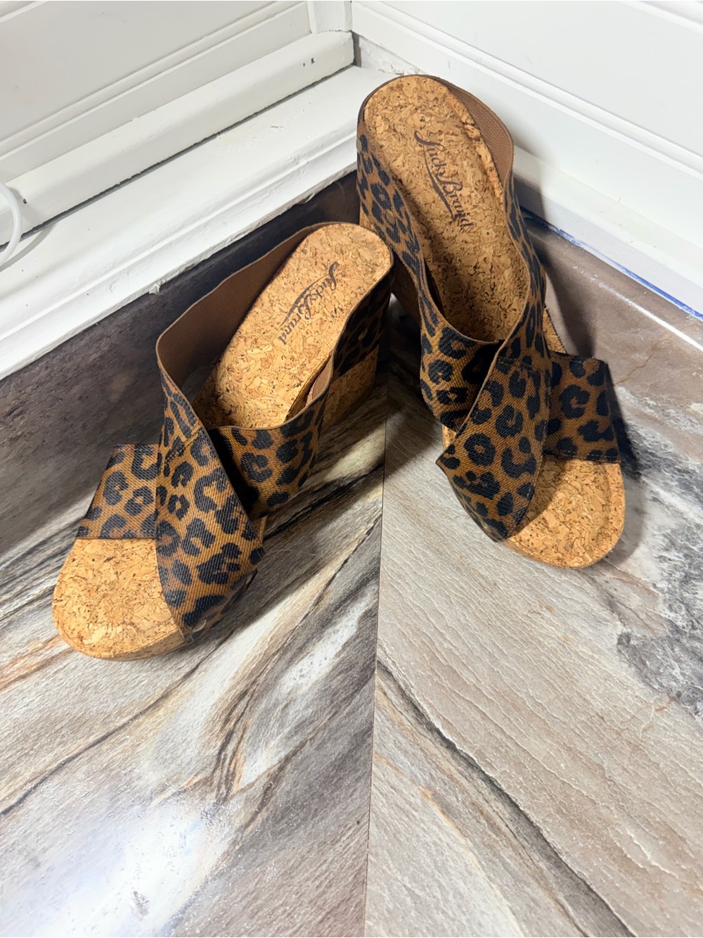 Lucky Brand Leopard Print Cork Wedge Sandals - Brown/Black
